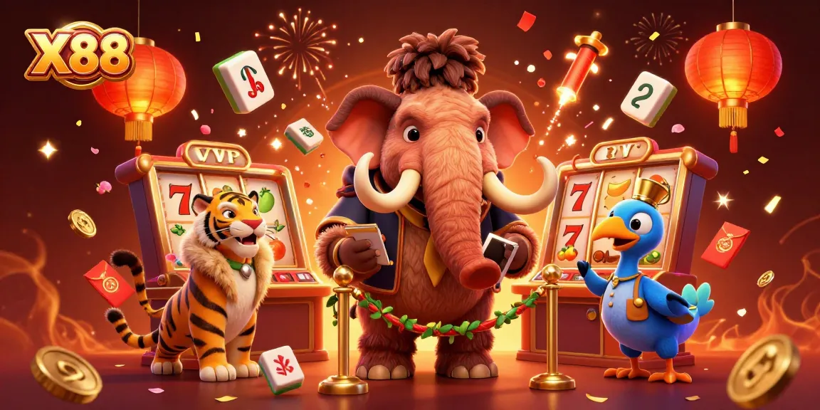 X88 offers exciting betting experiences in a vibrant casino environment, featuring playful characters and dynamic elements.
