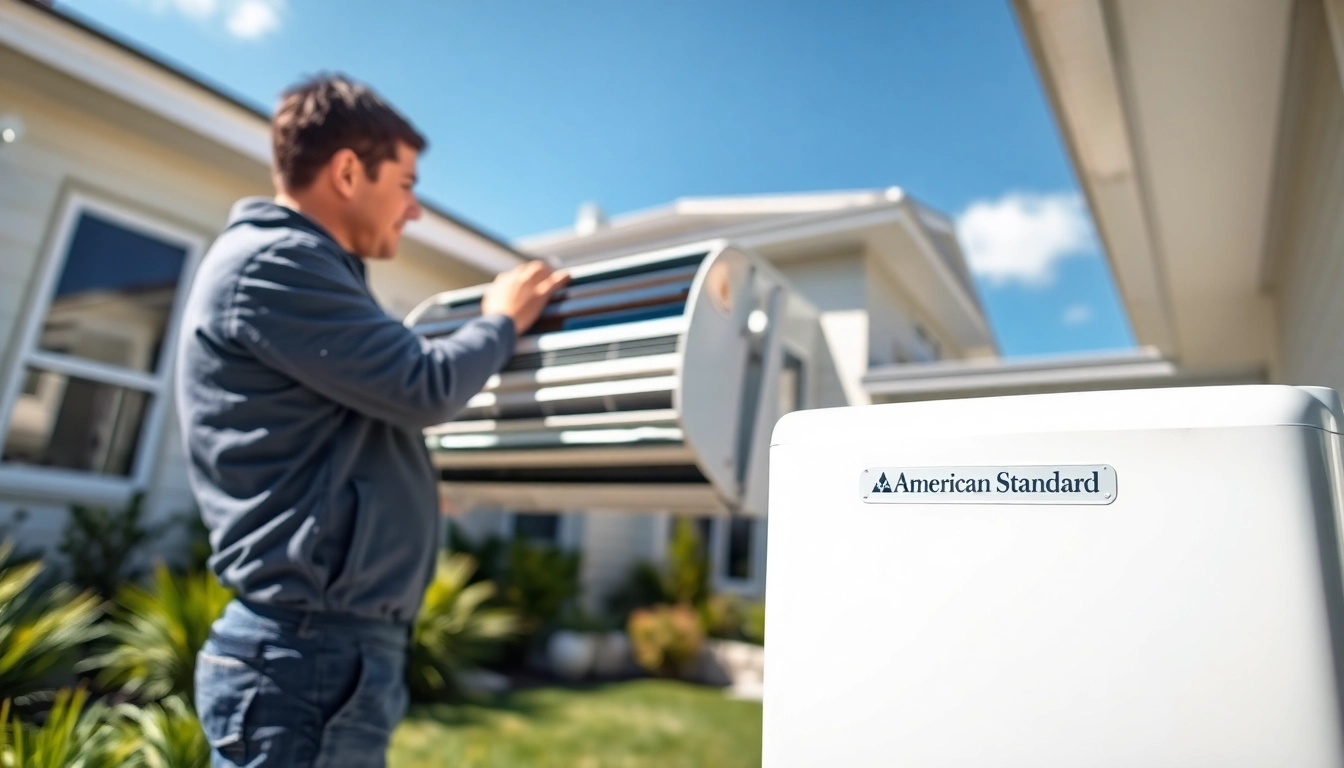 Technician installing an American Standard AC unit in a modern home environment.