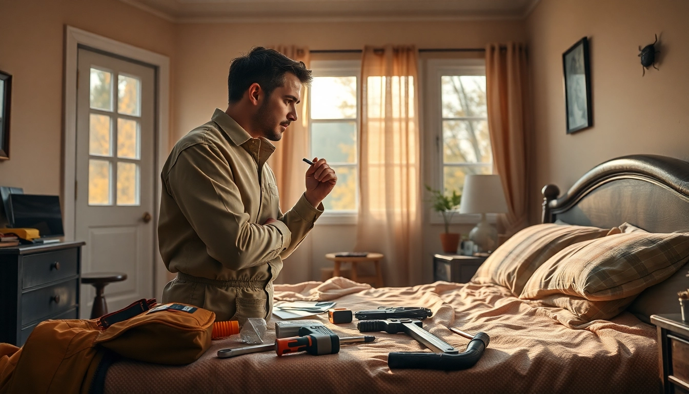 Assessing the bed bug exterminator cost with a professional examining a home's pest problem.