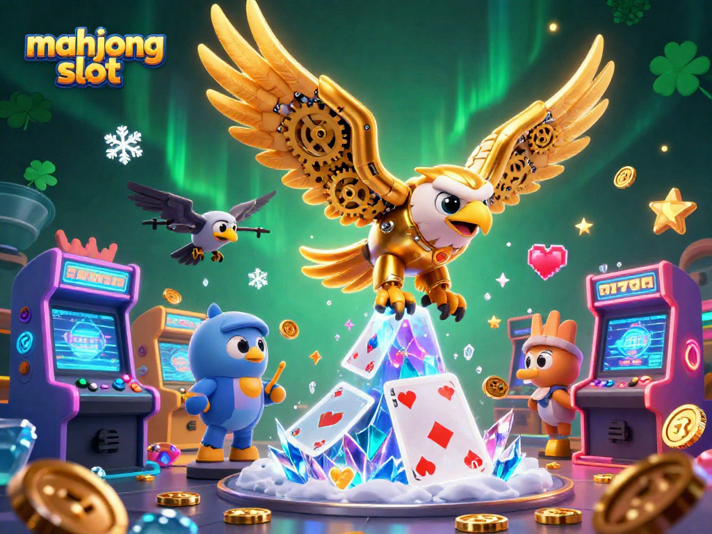 Play exciting mahjong slot amidst 3D cybernetic eagle and colorful game elements.