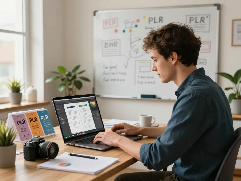Professionally designed workspace showcasing the process to purchase PLR content with digital marketing tools.
