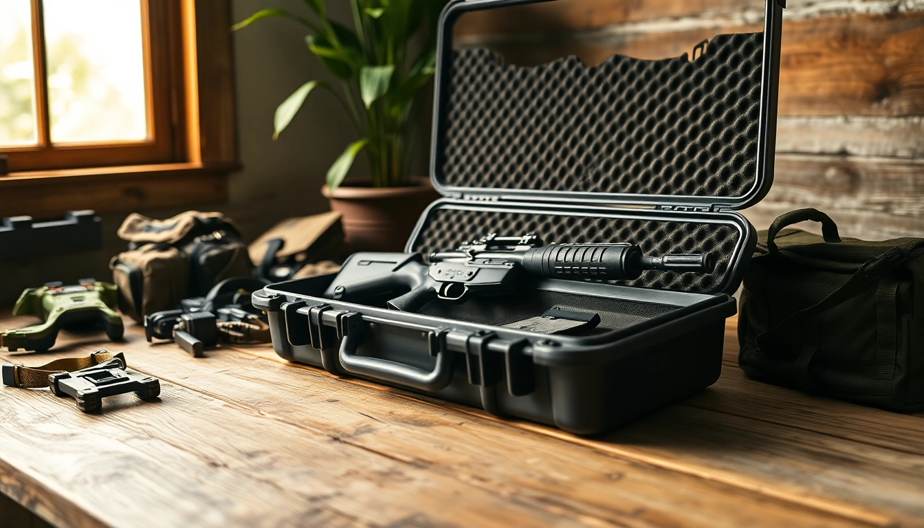 Secure pelican rifle case showcasing protective features with rifle inside on rustic table.