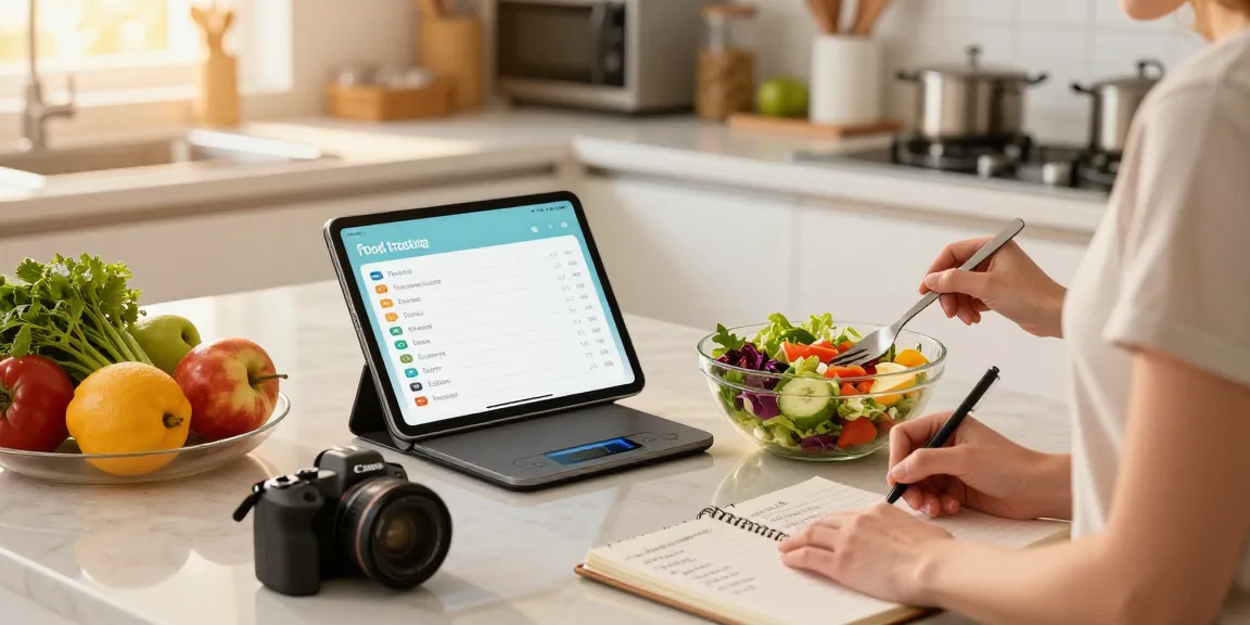 The best food tracking app in use as a health-conscious individual measures ingredients while preparing a colorful salad in a bright kitchen.