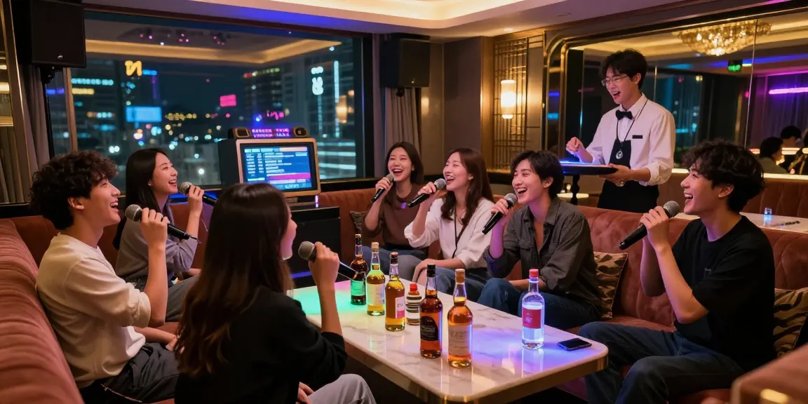 Group of friends enjoying a lively night at 강남 가라오케 from https://www.gangnamtune.com/, with vibrant lighting and premium drinks.