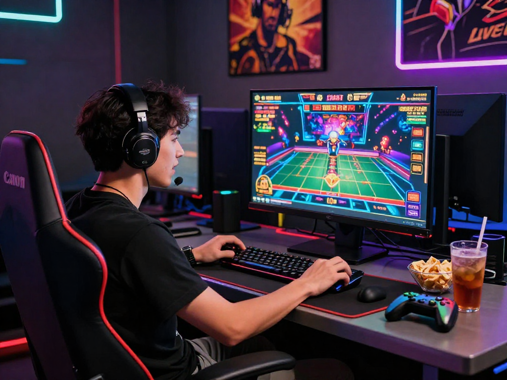 Player engaging with rokok88 online casino game in vibrant gaming setup