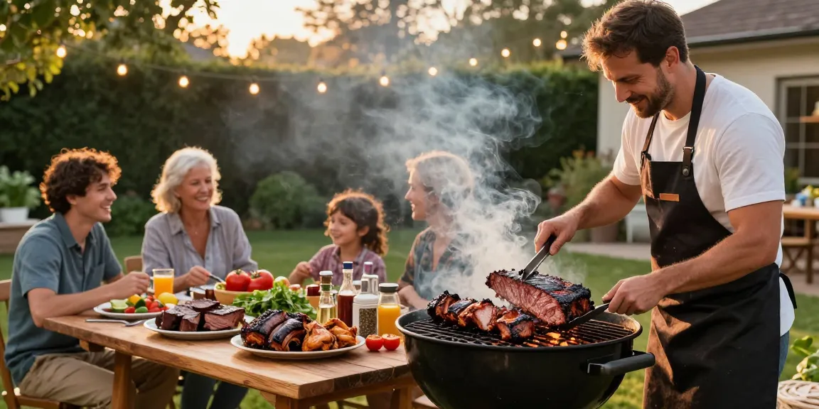 Rokok88 smoked BBQ meats prepared outdoors, showcasing premium brisket and ribs in a vibrant setting.