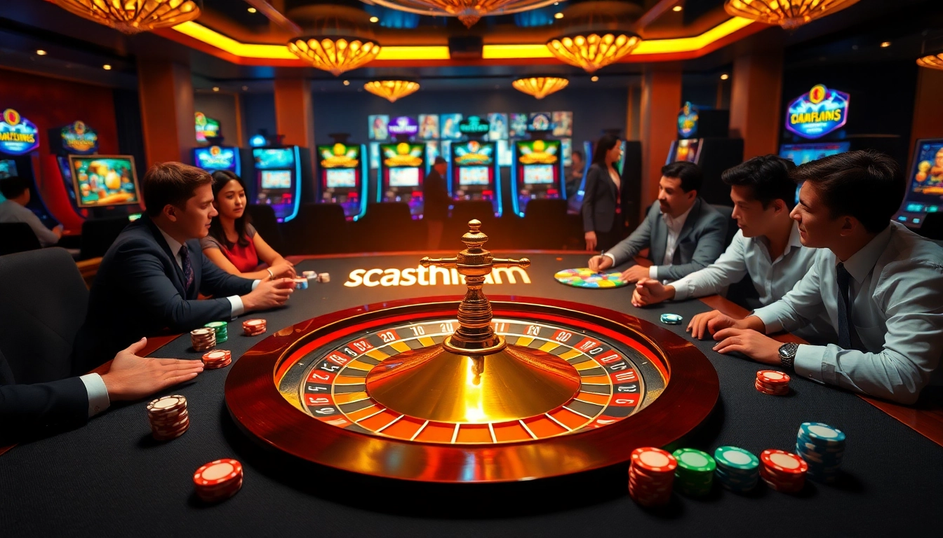 Players strategizing around a casino table with the glowing scatter hitam symbol amid vibrant poker chips and roulette wheel.
