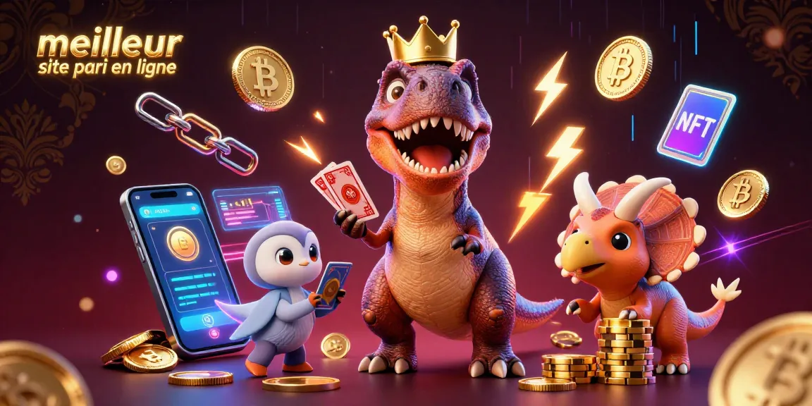 Pariez sur le meilleur site pari en ligne avec un dinosaure jouant aux cartes et des pièces de crypto-monnaie autour.