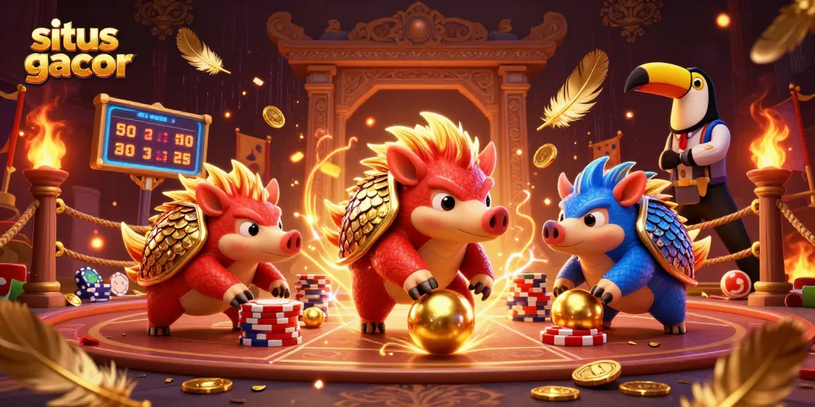 Engage with situs slot gacor in a vibrant 3D scene of rival pangolins playing a dynamic casino game.