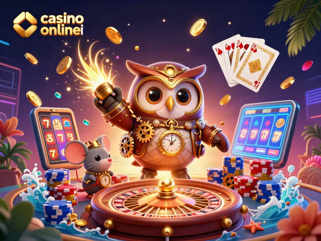 Giocando nei casino online esteri con l'illustrazione di un gufo viaggiatore e un topo in un ambiente steampunk.