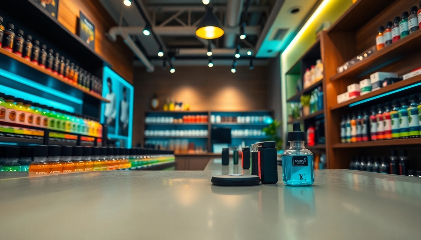 Engaging display of vape juice depot's premium vape products in a modern setting.