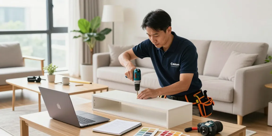 Professional handyman Hong Kong assembling furniture in a modern living room, showcasing expertise and organization.
