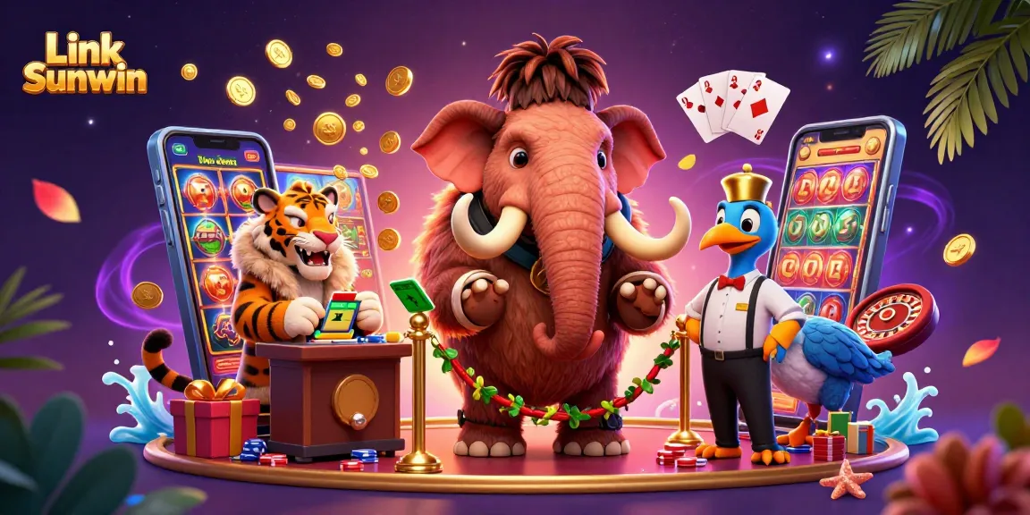 Link Sunwin showcases a vibrant casino scene with elements like golden coins and colorful slot games.