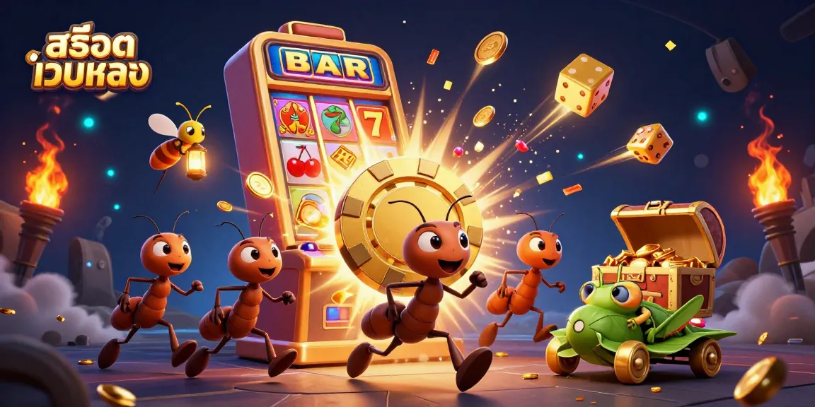 Experience thrilling action with สล็อตเว็บตรง as a team of cartoon ants heist golden chips amidst vibrant casino games.