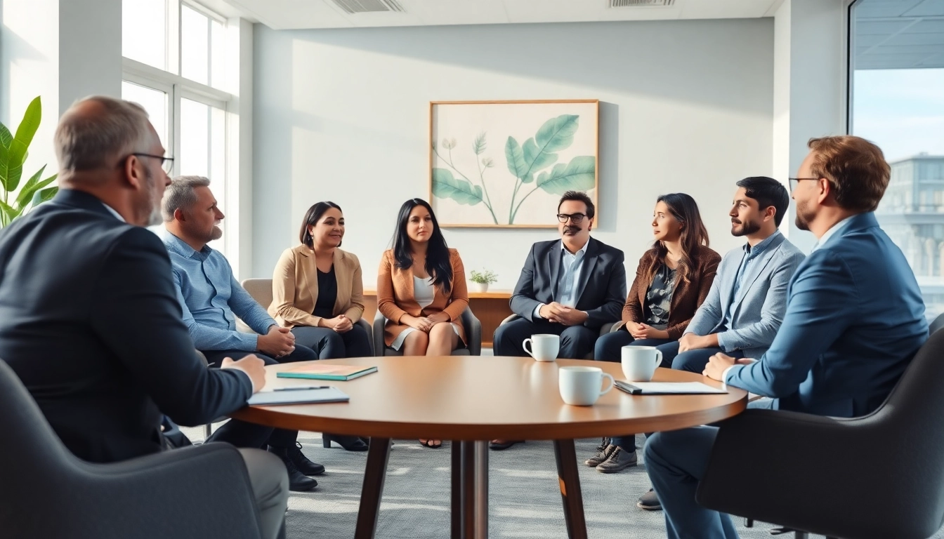 Mediation session showcasing diverse individuals collaborating around a table in a serene setting.