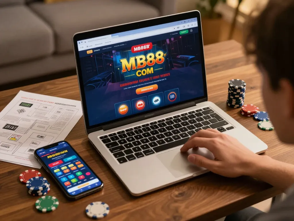 Engaging online gambling session on MB88 COM with chips and betting notes.