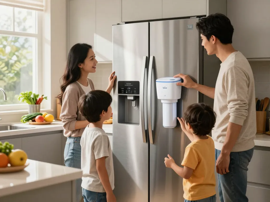 Family discussing the benefits of the Waterdrop DA29-00020B Refrigerator Water Filter in a bright kitchen.