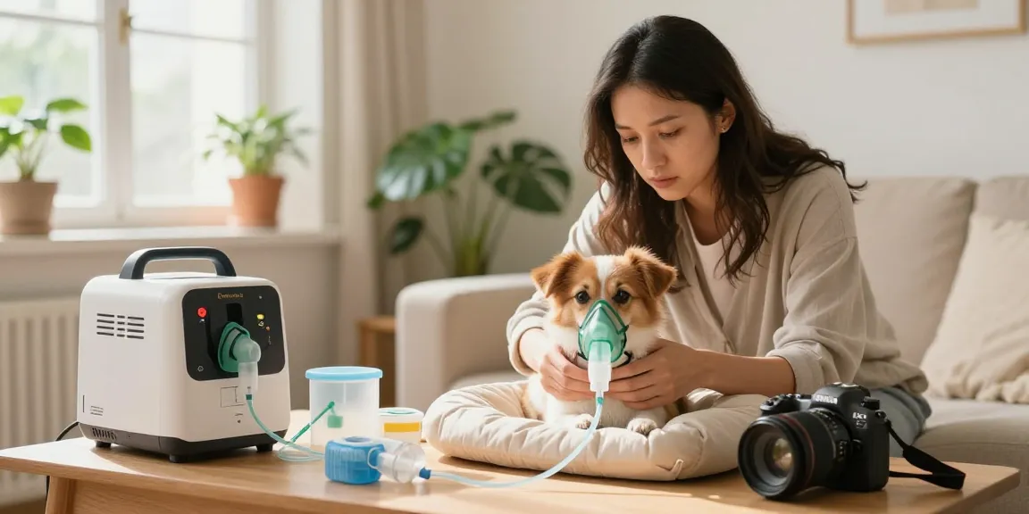 Pet owner using equipment from https://www.petair.hk/en/ to help their small dog with oxygen therapy in a cozy home setting.