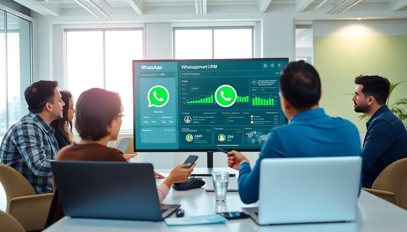 Boost collaboration with WhatsApp Smart CRM in a modern office environment featuring professionals.