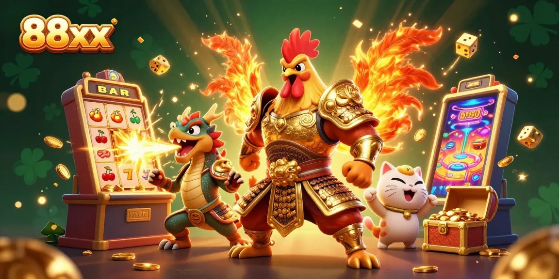 Engage with thrilling 88xx casino action featuring a lively slot machine and vibrant gaming characters.