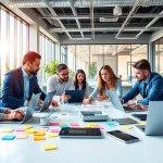 People actively collaborating on technology projects in a modern workspace.