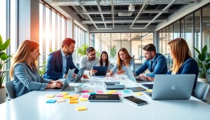 People actively collaborating on technology projects in a modern workspace.