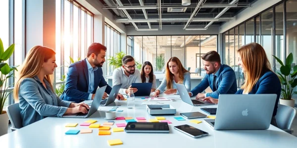 People actively collaborating on technology projects in a modern workspace.