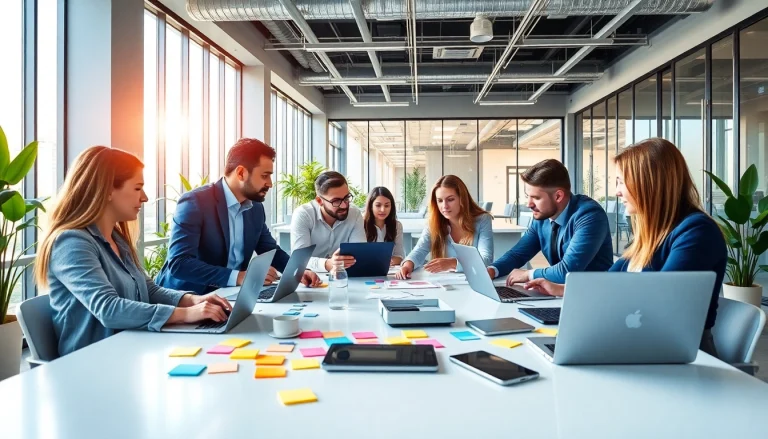 People actively collaborating on technology projects in a modern workspace.
