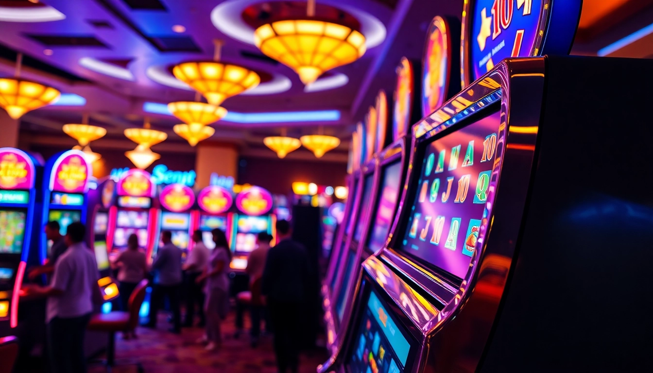Putar slot mesin dengan layar kemenangan berkilau di kasino yang ramai.