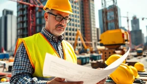 New York Construction Manager inspecting blueprints at an active construction site in New York City.
