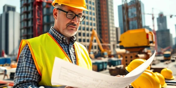 New York Construction Manager inspecting blueprints at an active construction site in New York City.