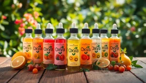 Oxva Liquid Flaschen mit frischen Aromen und lebhaften Etiketten auf einem Tisch ansprechend präsentiert.