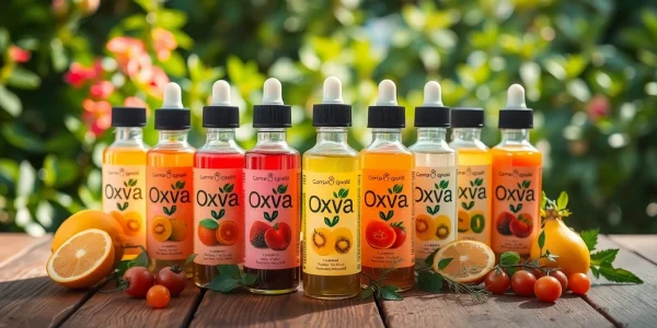 Oxva Liquid Flaschen mit frischen Aromen und lebhaften Etiketten auf einem Tisch ansprechend präsentiert.