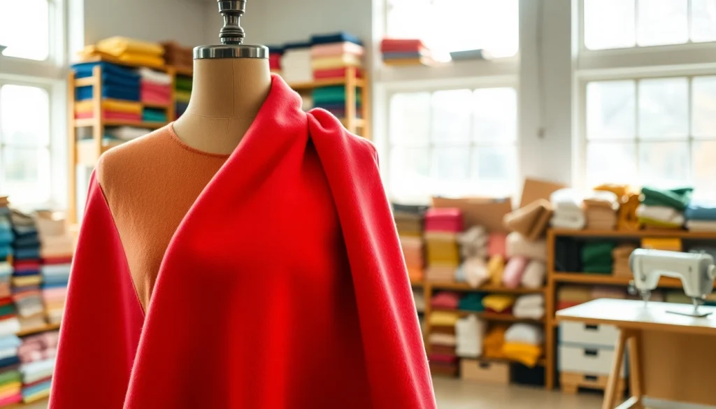 Fleece stof op een houten mannequin in een lichte textielstudio, met zachte textuur en kleur