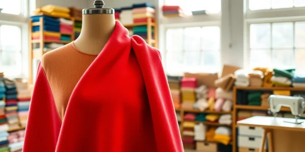 Fleece stof op een houten mannequin in een lichte textielstudio, met zachte textuur en kleur