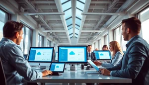 Streamlined office scene illustrating Cloud Services Tampa and tech collaboration.