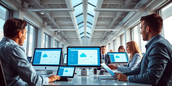 Streamlined office scene illustrating Cloud Services Tampa and tech collaboration.