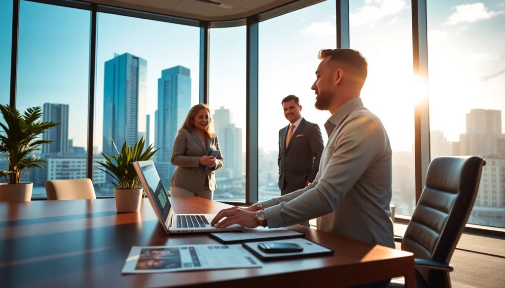 Real Estate expert assisting clients in a contemporary office with city view.