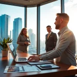 Real Estate expert assisting clients in a contemporary office with city view.