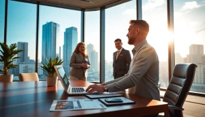 Real Estate expert assisting clients in a contemporary office with city view.