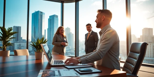 Real Estate expert assisting clients in a contemporary office with city view.