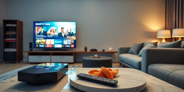 Enhance your entertainment with iron iptv streaming device setup in a stylish living room.