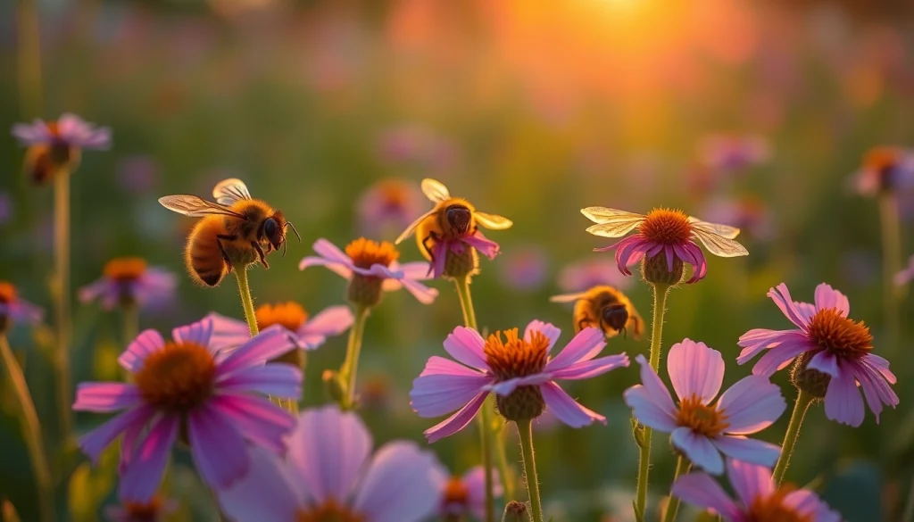 Núcleos de abejas alimentándose en un campo de flores vibrantes y soleadas.