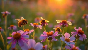 Núcleos de abejas alimentándose en un campo de flores vibrantes y soleadas.