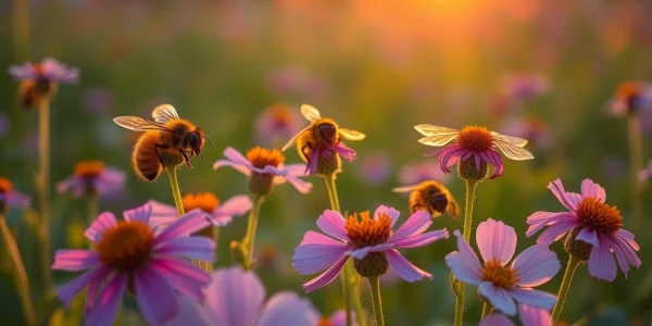 Núcleos de abejas alimentándose en un campo de flores vibrantes y soleadas.