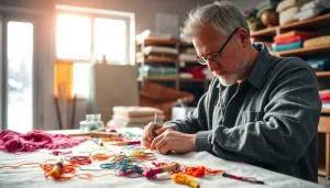 Creëren met ongebleekt katoen in een kleurrijke textielwerkplaats vol stof en gereedschap.