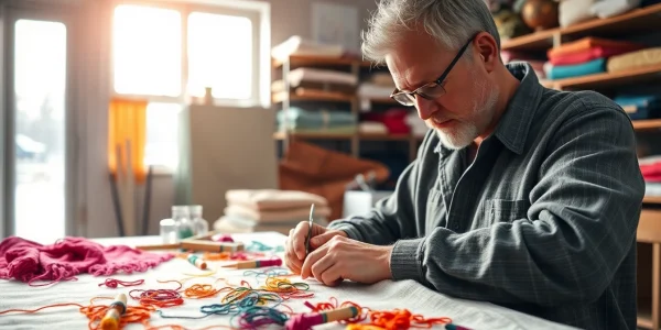 Creëren met ongebleekt katoen in een kleurrijke textielwerkplaats vol stof en gereedschap.