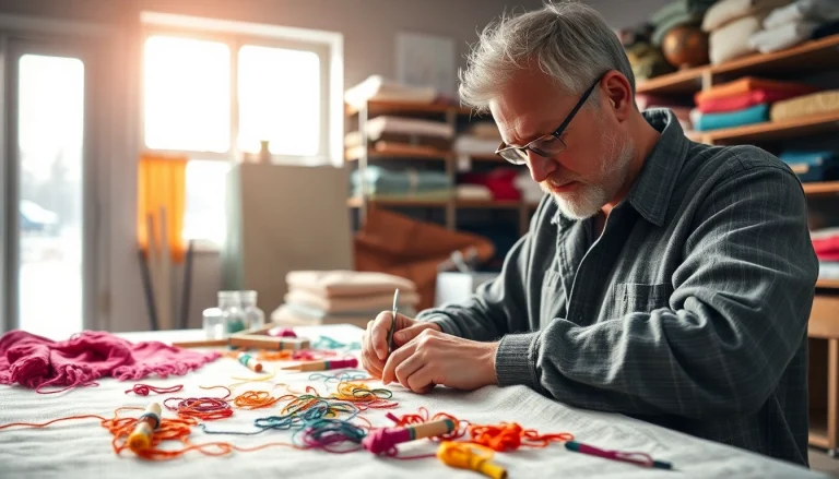 Creëren met ongebleekt katoen in een kleurrijke textielwerkplaats vol stof en gereedschap.