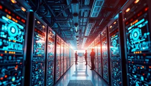 Advanced bitcoin mining facility with ASIC miners and digital analytics screens.