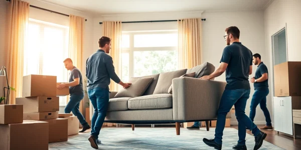 Toronto movers efficiently relocating furniture with care in a bright living room.